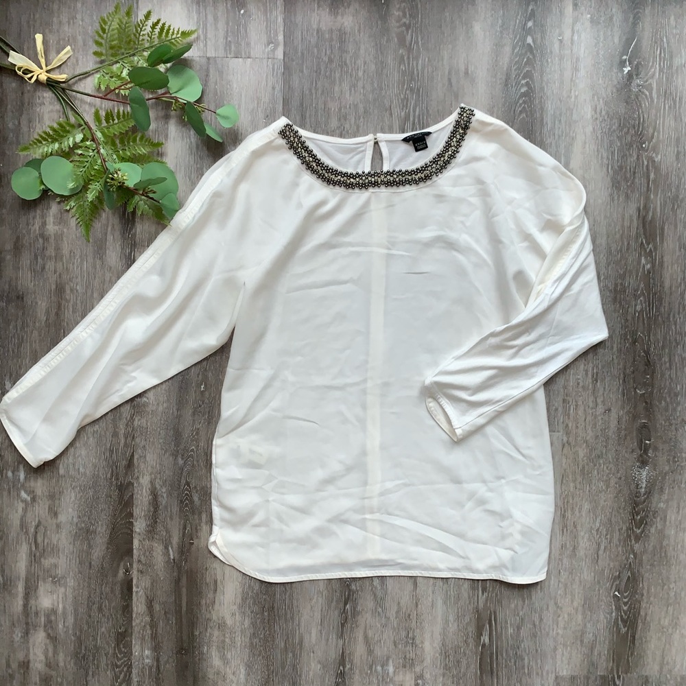Ann Taylor Off-White Beaded-Neck Blouse